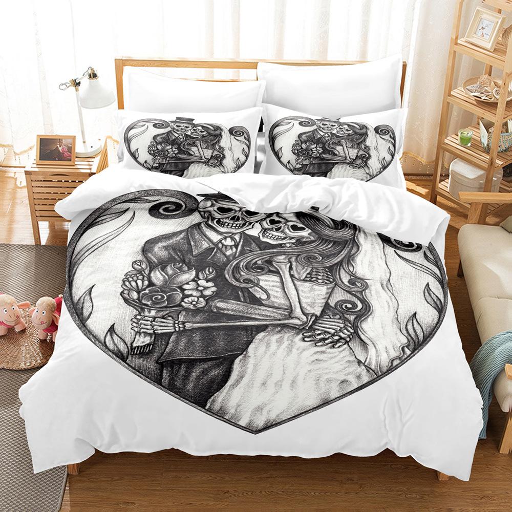 3D-Paar-Schädelkopf-Serie, Bettwäsche-Set, Halloween-Horror-Bettbezug und Kissenbezug, 2/3-teilig, AU/US/UK/DE, volle Größe, Heimdekoration