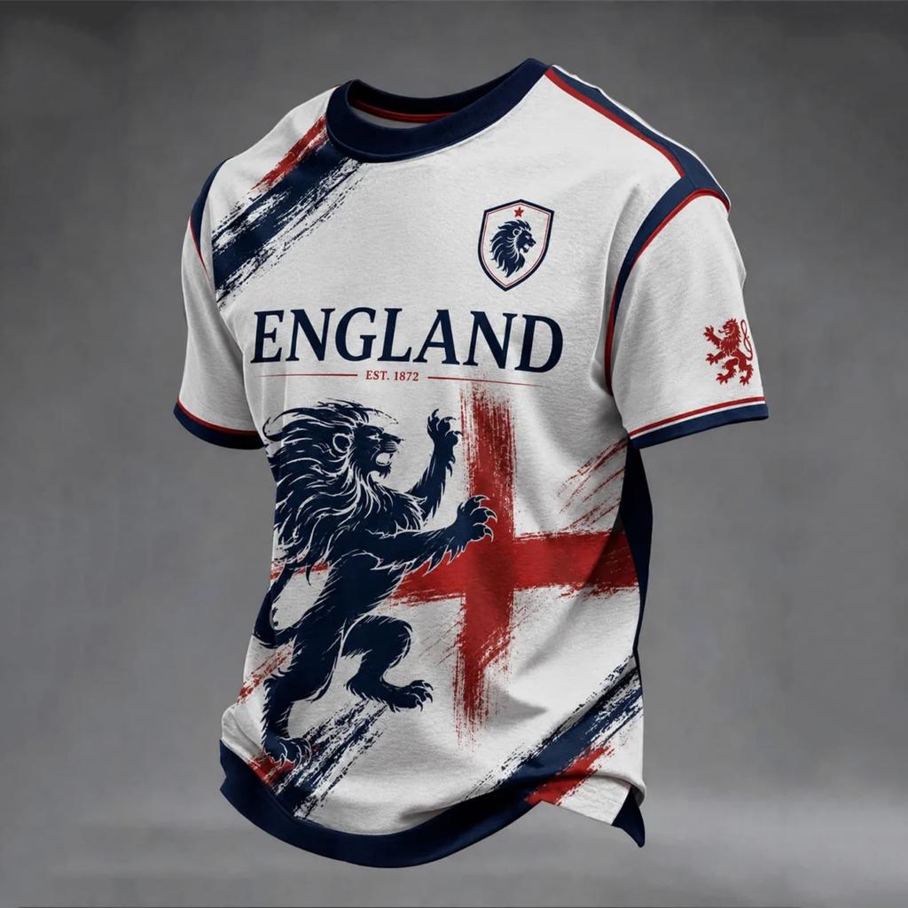 Men's England Football Printed Jersey Short Sleeve Crew Neck Athletic Soccer Shirt Lightweight Breathable Sportswear for Training and Casual Wear