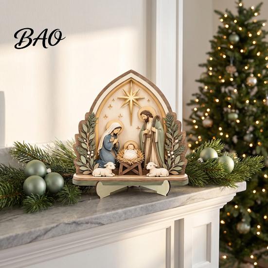 Christmas Manger Tabletop Ornaments Nativity Scene Wooden Sign, Holy Family Figurine Decor, Handcrafted Wood Figurines Religious Xmas Desktop