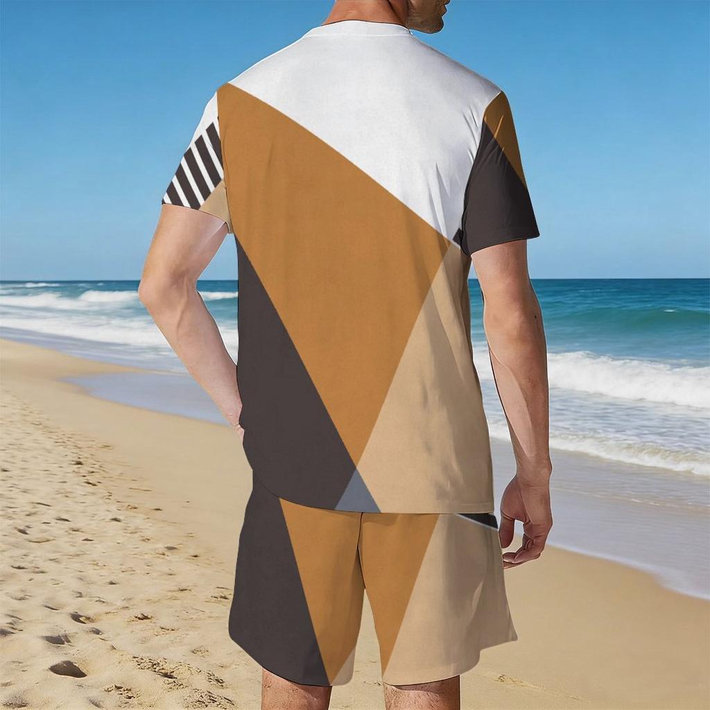 Men Blue Grey Speckled Gradient Short Sleeve Tee And Matching Knee Shorts Two Piece Outfit