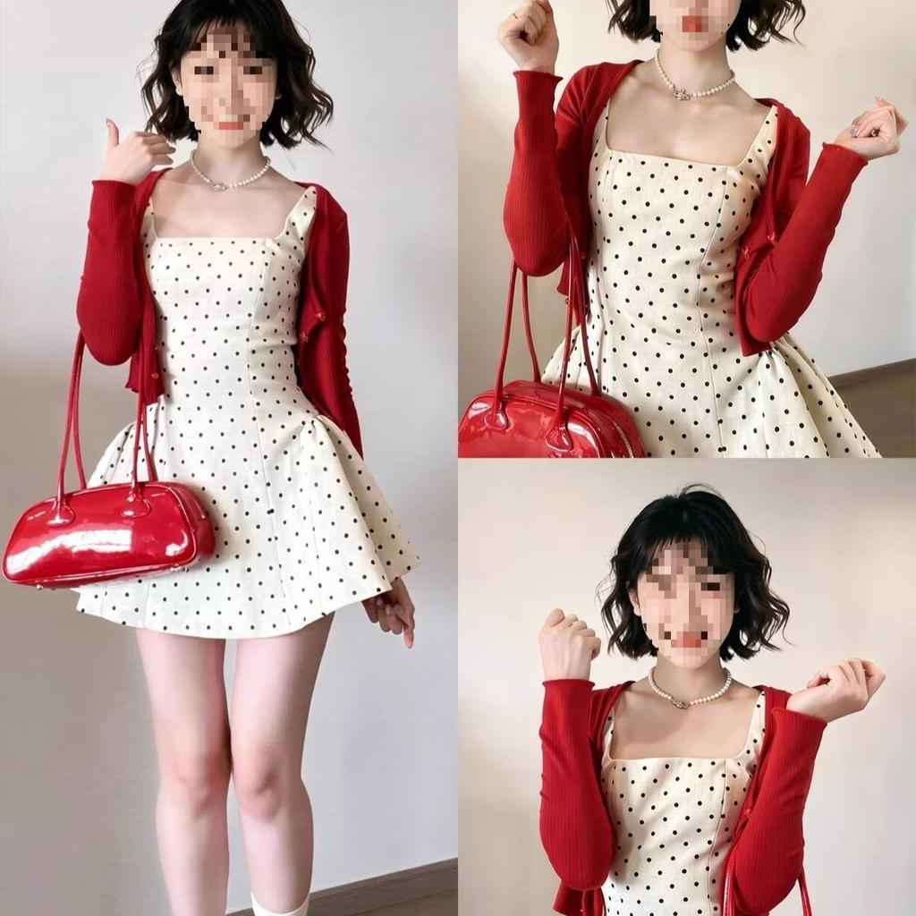 Apricot polka dot suspender dress for women is beautiful in summer, small and thin, summer short skirt birthday wear