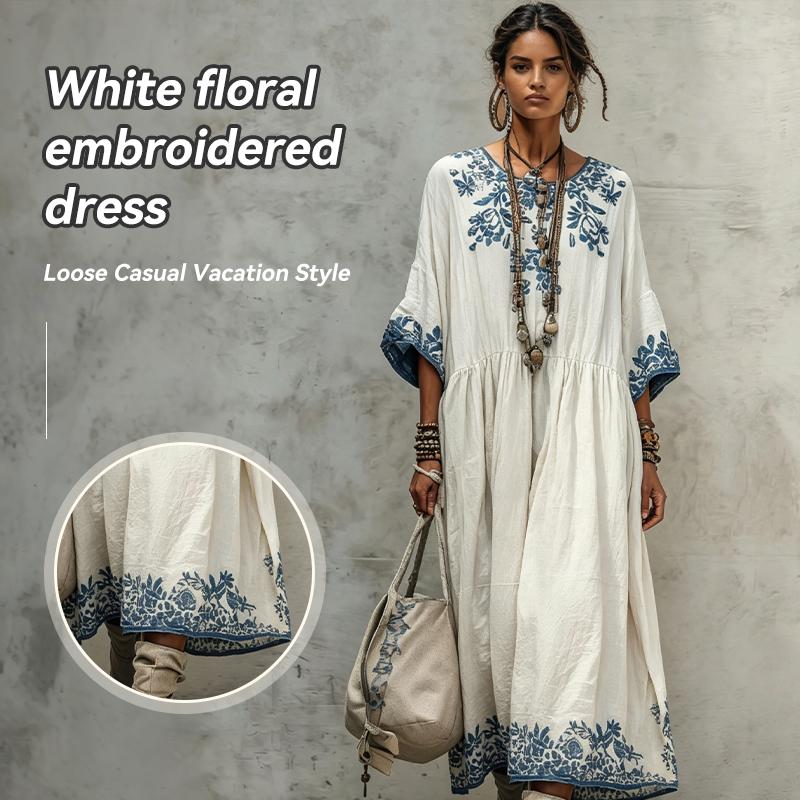 Robe Longue Maxi Style Européen d'Été pour Femmes Coupe Ample Mode Élégante Col Rond Imprimée