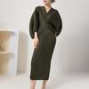 Elegant Pleated Midi Dress With Batwing Sleeves V-Neck Slim Fit Office Wear