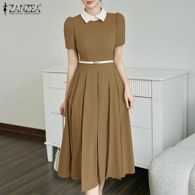Women Casual Turn Down Collar Summer Short Sleeve Dress