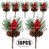 10Pcs Artificial Christmas Pine Needles Simulation Pine Cone with Holly Branches Xmas Gifts Home Party Decoration Flower Crafts