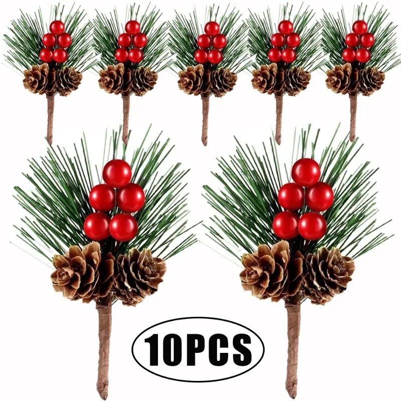 10Pcs Artificial Christmas Pine Needles Simulation Pine Cone with Holly Branches Xmas Gifts Home Party Decoration Flower Crafts