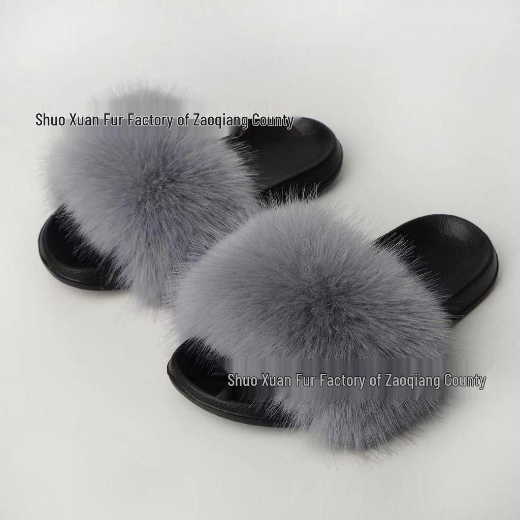 Women's Summer Fox Fur Slippers: Celebrity Trend, Flat Fur Sandals, Soft-Soled Flip Flops, Euro-American Style.