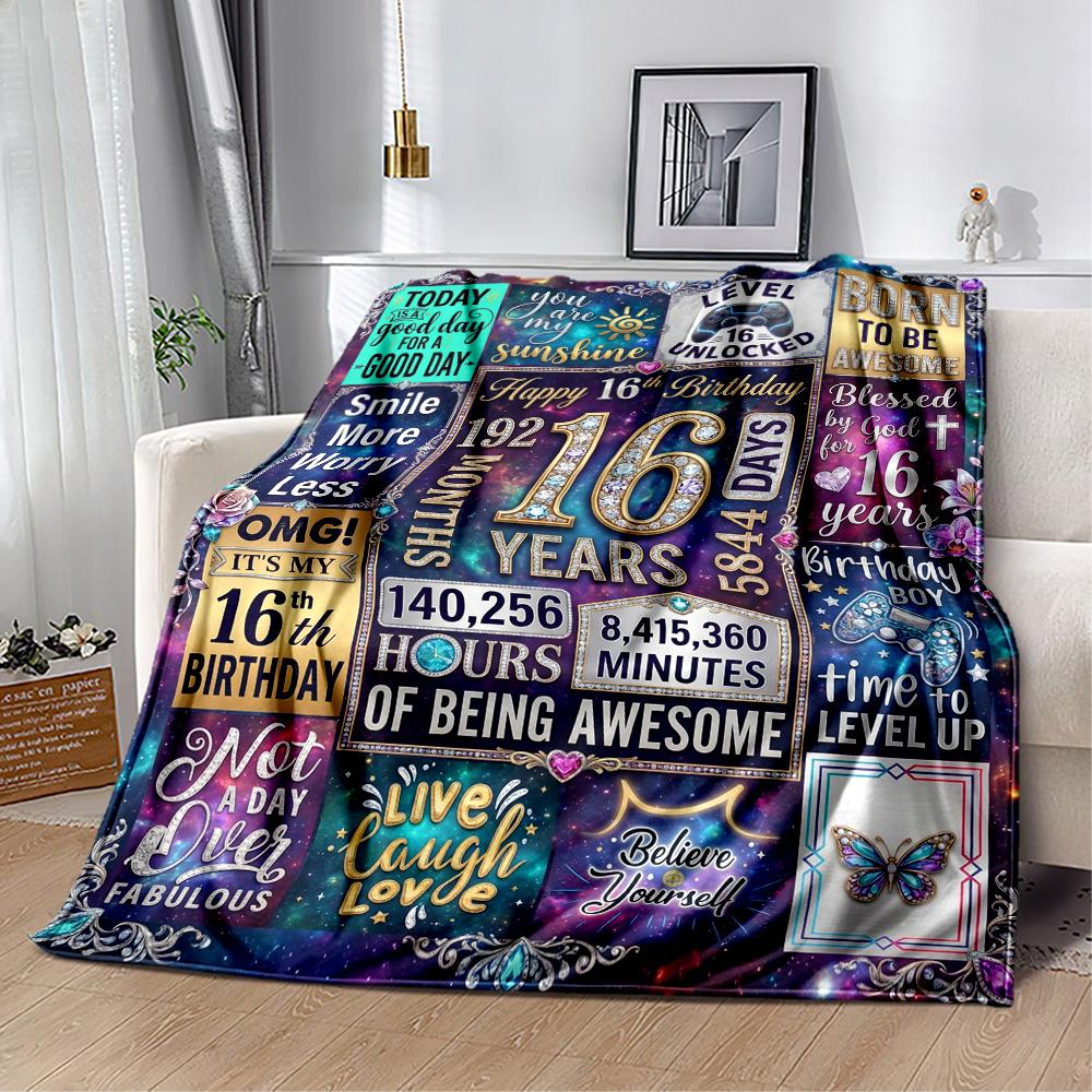 Happy 16th Birthday Celebration Flannel Blanket-Soft and Suitable for Sofas,Beds,Offices,Travel,All Seasons,Great Gift for Holidays and Birthdays.