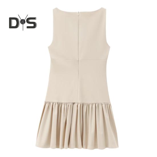 Women Summer Dress Sleeveless Bow Decor Pleated A-line Solid Color Mini Dress Back Zipper Closure O Neck Vest Dress for Dating Party