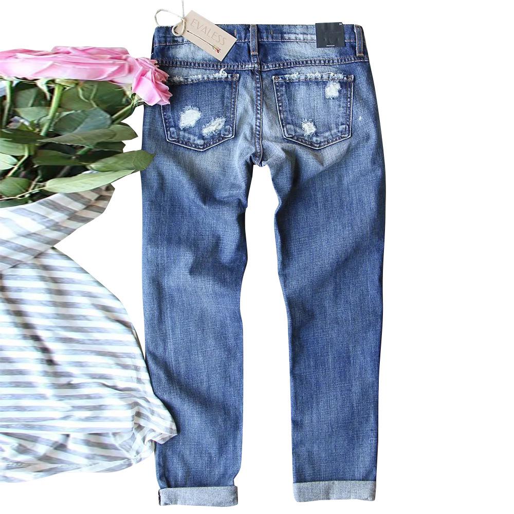 2023 Women's European and American Straight-Leg Jeans with Patch Print and Ripped Design