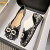 A square head flat heel single shoes women's new bow shallow mouth inner height increase women's shoes floating shoes