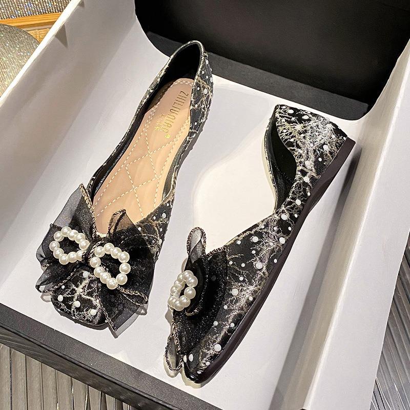 A square head flat heel single shoes women's new bow shallow mouth inner height increase women's shoes floating shoes