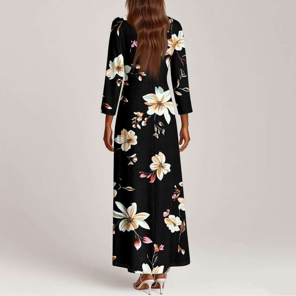 Women's Fashion V-Neck Floating Beach Dresses Seven Sleeve Floral Printed Dresses