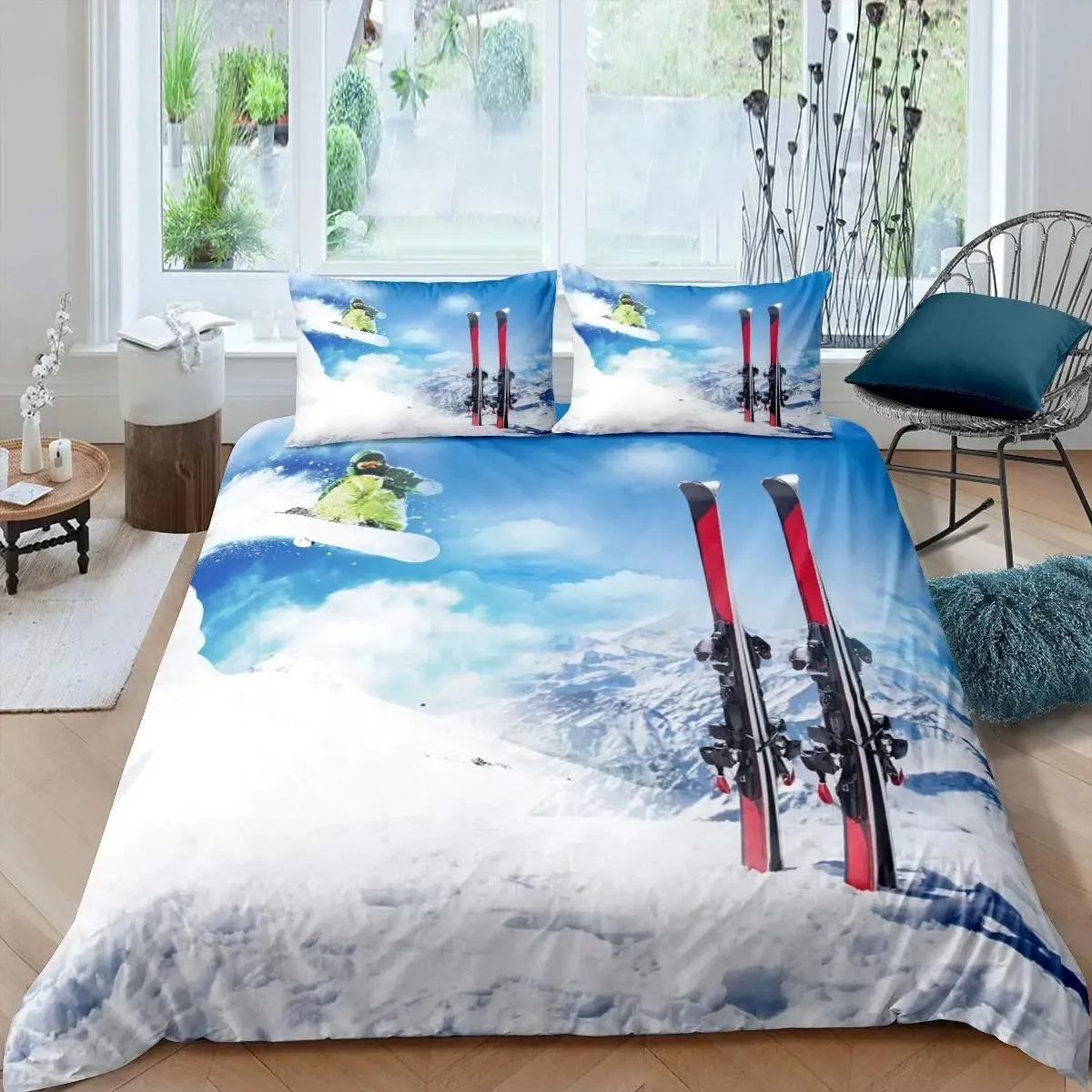 Ski Sport Dekbedovertrek Set Volledige Maat Wintersport Skiën Beddengoed Sets Sneeuwberg Landschap Dekbedovertrek voor Jongens Meisjes US Full(200*230cm)3pcs