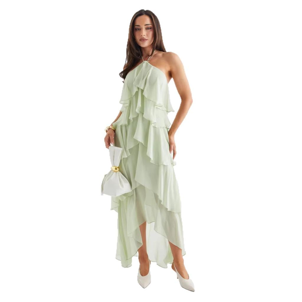 Spot European and American summer vacation style elegant temperament neck three-dimensional cake suspender dress women