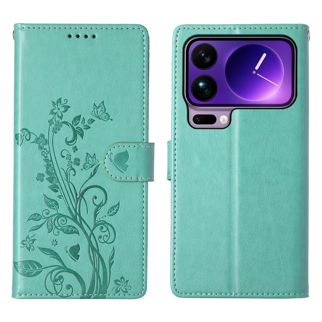 For Xiaomi 17 Pro Max Wallet Case Butterfly Floral Imprint PU Leather Phone Cover with Wrist Strap