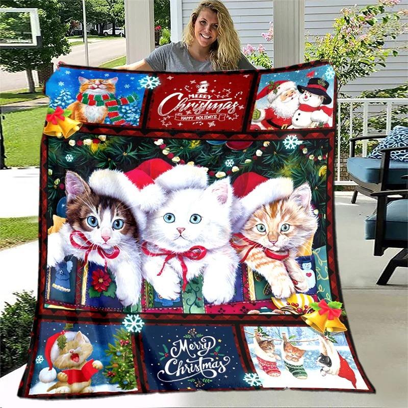 

Christmas Cat & Santa Flannel Blanket - Soft Lightweight Digital Print | Sofa/Bed/Office/Travel/Camping 70x100cm білий