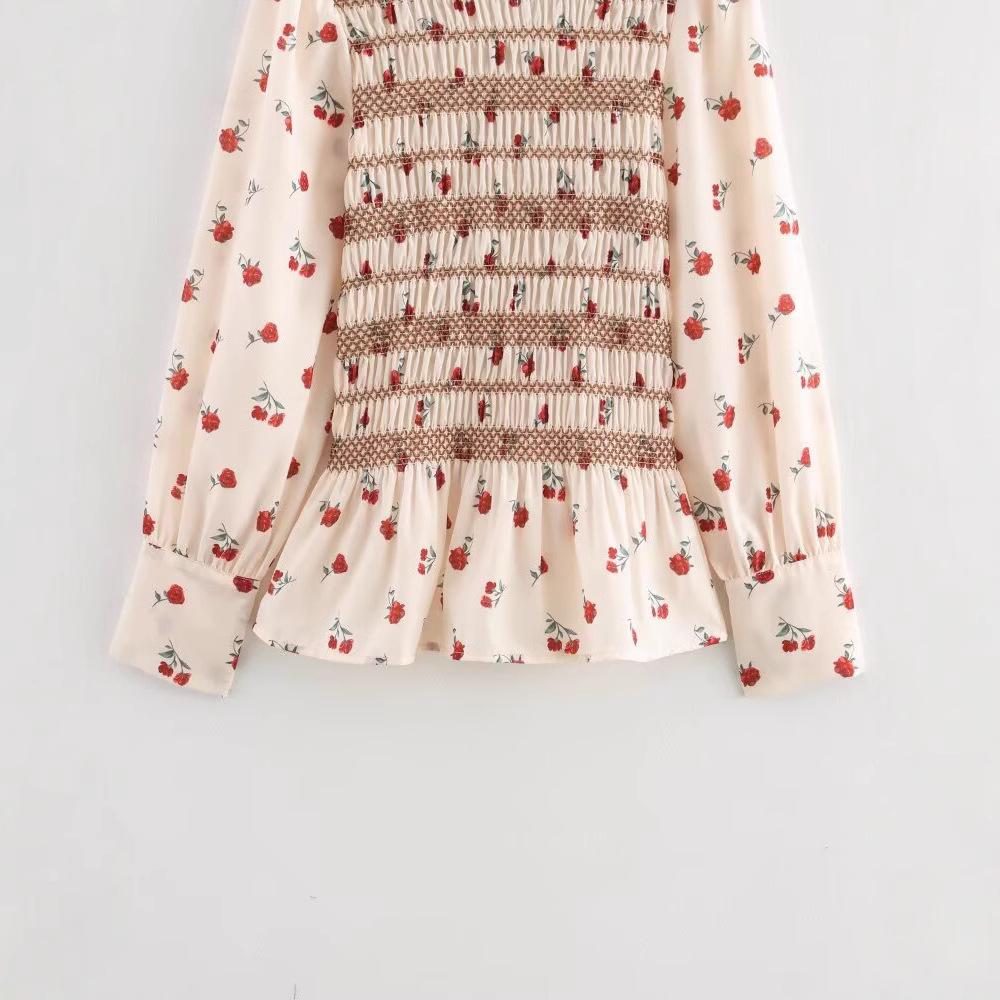 2025 Spring Women's European & American Floral Long Sleeve Round Neck Pleated Shirt