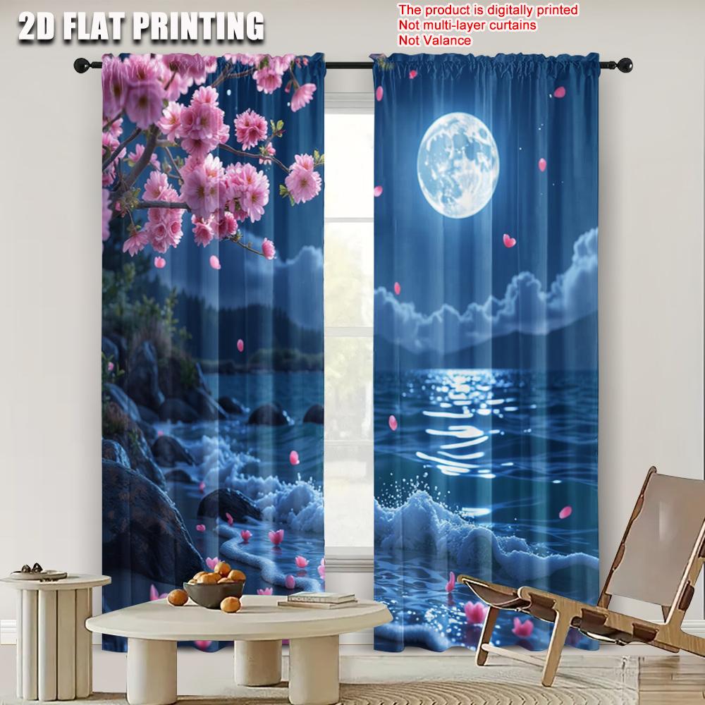 Set Of 2 Flat Printing Curtain Sakura Moon Versatile Durable Polyester Without Electricity Summer Party Decorations Carnival