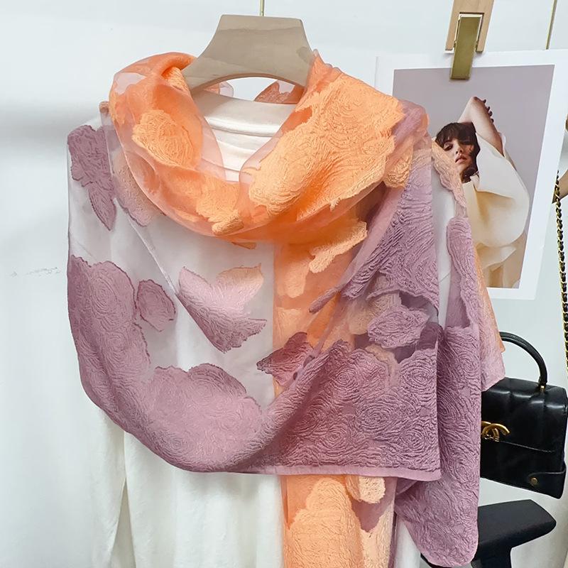 Shawl Scarf Advanced New Gradual Change Flower Long Silk Scarf Yarn Versatile Sunscreen Shawl