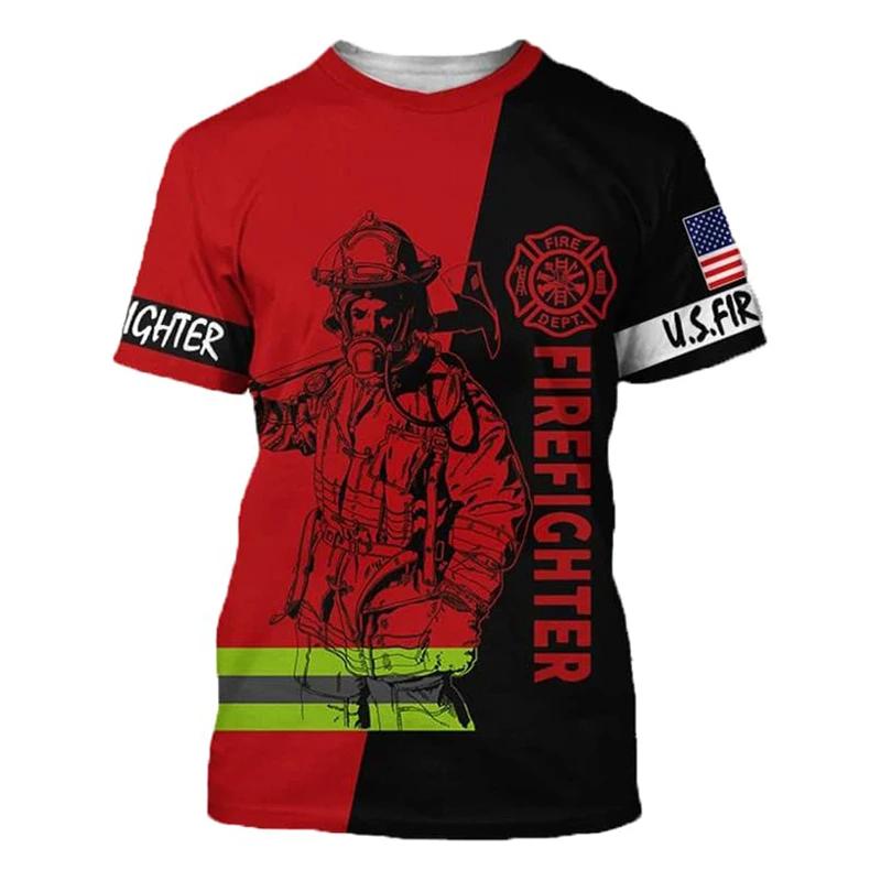 Summer Round Neck 3D Firefighter Print Top Fashionable Casual Short Sleeved Men's T-shirts