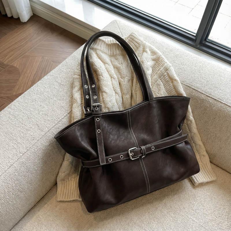 Womens Casual PU Leather Tote Bag Belt Buckle Detail Stitch Accent Large Capacity Minimalist Daily Bag for Commute Travel Everyday Use Durable