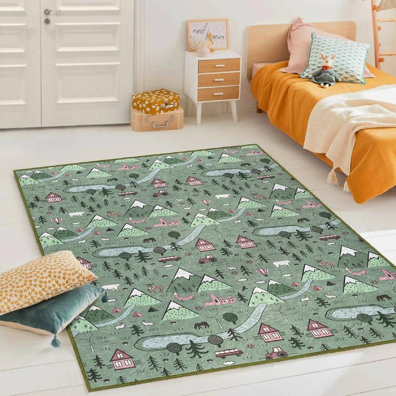 Cute Village Green Kids Rug Forest Jungle Theme Washable Play Mat Custom Design Easy Clean Carpet for Nursery Bedroom Playroom