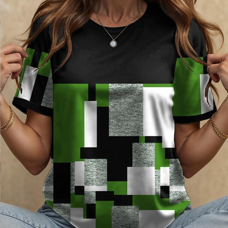 Women Summer T Shirt Grid Pattern Print Retro Fashion Short Sleeve Tees Casual   Printed  Tops
