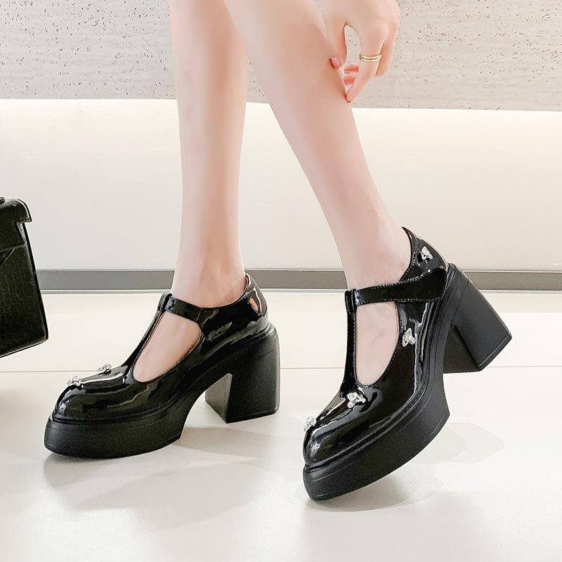 10CM red super high heel waterproof table single shoes college style fashionable versatile round head thick sole thick heel T-strap women's shoes