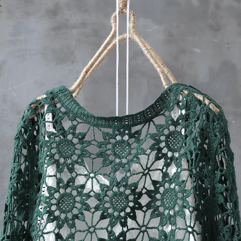 Dzianinowy kardigan z haftowanym kwiatkiem i wydrążonym rękawem 9/4, nowy szal damski w stylu artystycznym i retro