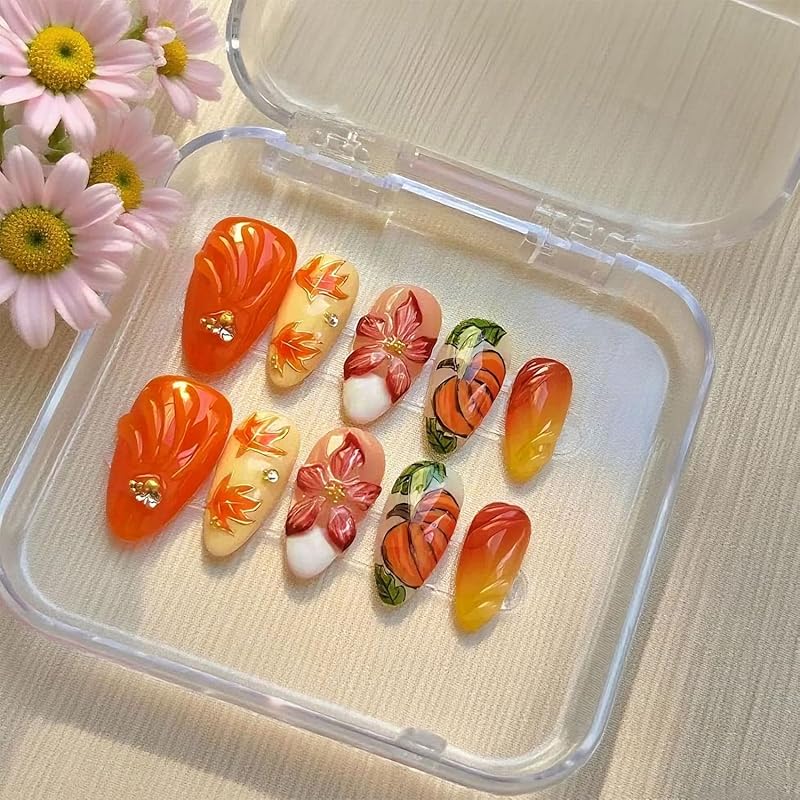 24Pcs Fall Press On Nails Medium Almond Fake Nails Glossy Glitter Maple Leaf False Nails Full Cover Thanksgiving Glue On Nails Reusable Acrylic