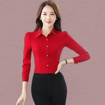Obrázek Velká velikost Slim Polyester Fit Jednořadá košile Důstojná Vylepšená krása Jednobarevná Košile s dlouhým rukávem