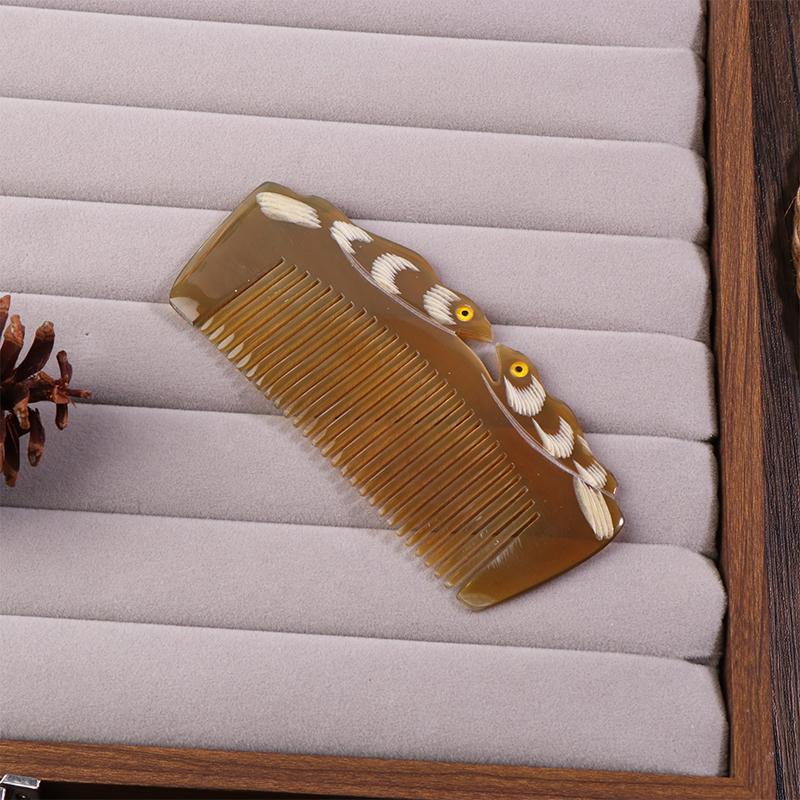 Natural Ox Horn Comb Anti Static Buffalo Combs Mandarin Duck Phoenix Carving Professional Detangling Massage Fine Tooth Comb