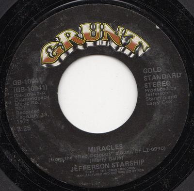 7inch Record JEFFERSON STARSHIP - Miracles / With Your Love GB10941 Grunt 1977 US Rock Used