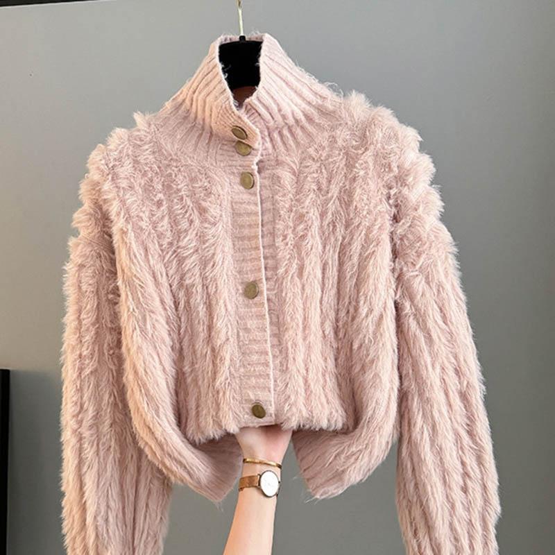 Sweaters Coat Cardigan for Women Autumn Winter Vintage Loose Long Sleeve Knit Cardigan High-neck Sweaters Jacket