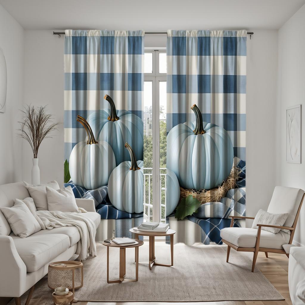 2 pieces HD black blue check four pumpkin curtains Blue tie digital printed curtains Home decoration style Decorate living room