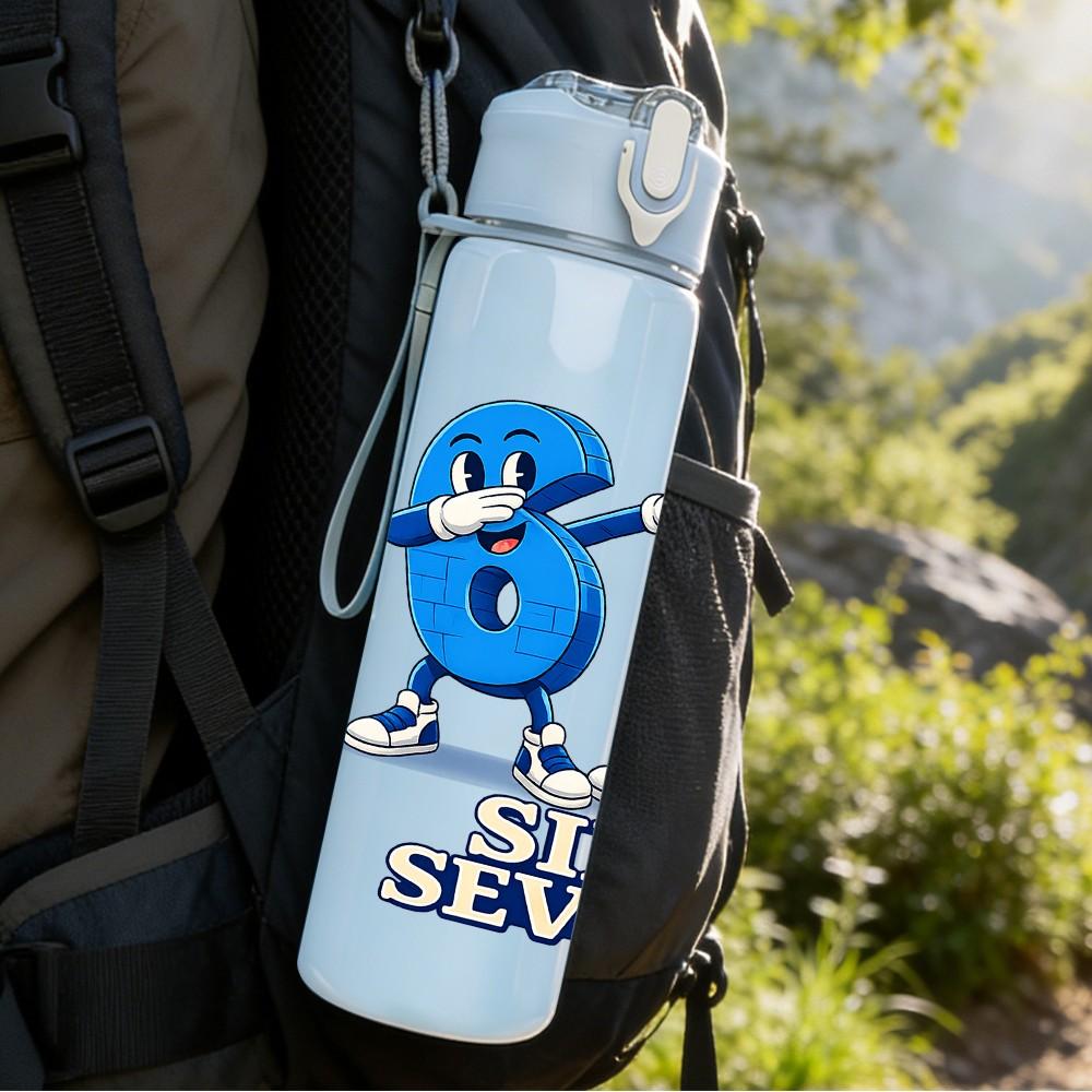 1PC Big Blue Number 67 Graffiti Print 750ml Color Plastic Sports Water Bottle Leakproof Flip Straw Lid Suitable for Sports Office Home Use