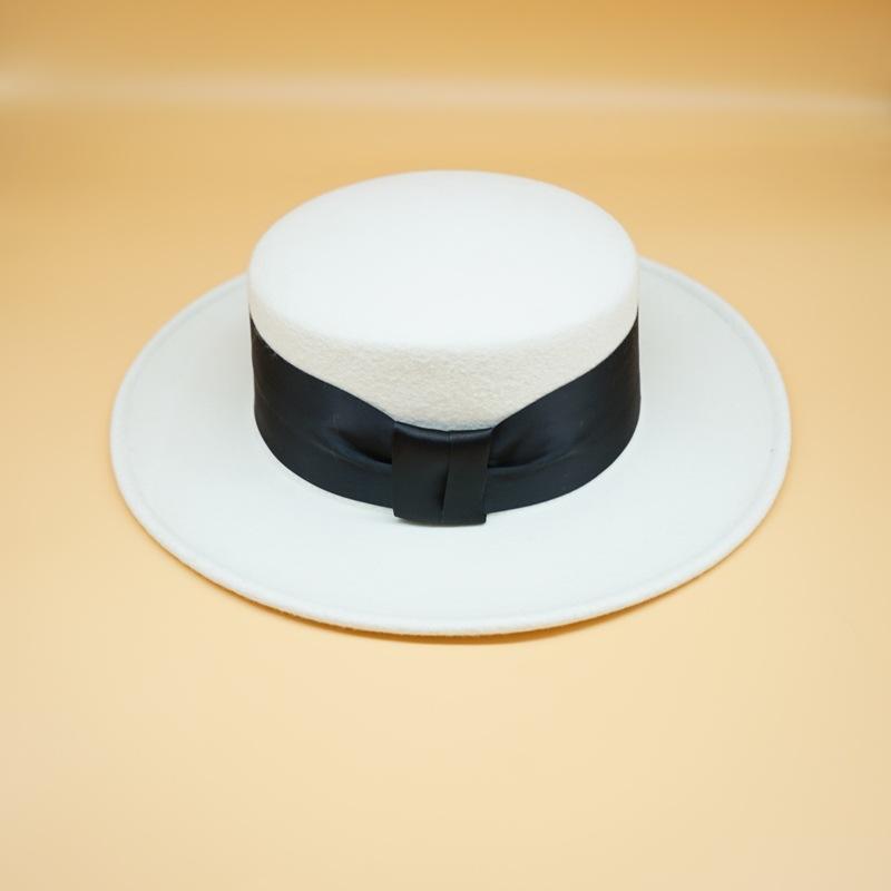 French Celebrity Retro Bow White Wool Woolen Flat Top Top Hat Women'S Autumn And Winter Foreign Trade Wide Brim British Versatile Felt