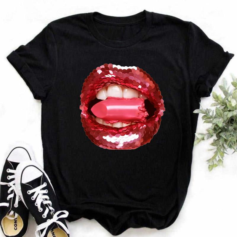 Spring Summer Plus Color Lips Loose Casual Fashion Simple Round Neck Pure Cotton Short Sleeved Top T-Shirts Women’s