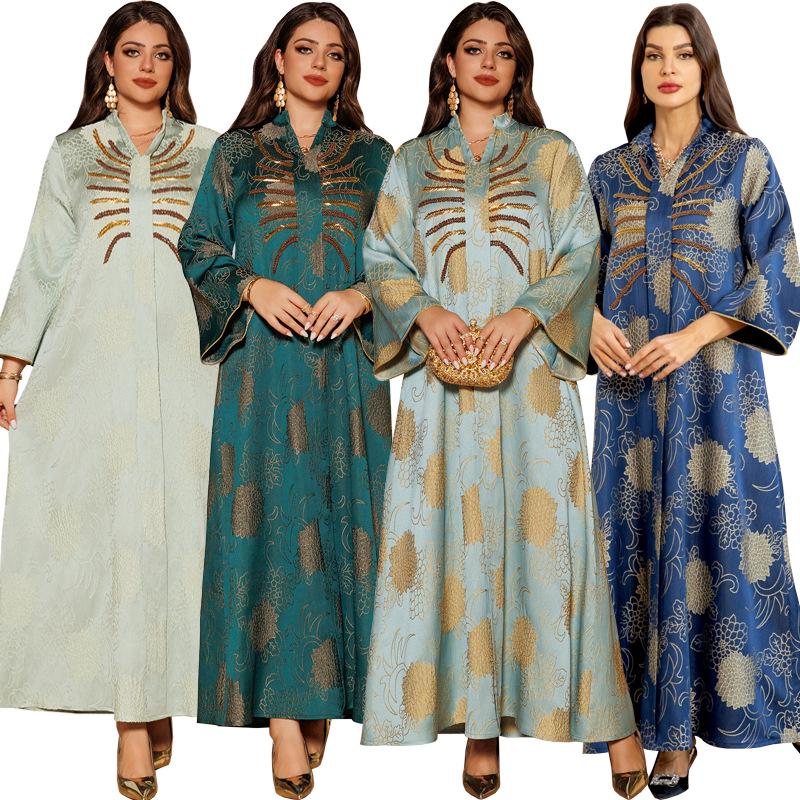 AB402 V-Neck Jacquard Beaded Dubai Dress - Women's Middle Eastern Muslim Robe