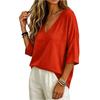Women Loose Fit V Neck Cotton Linen Top Three Quarter Sleeve Casual Solid Blouse Lightweight Breathable Shirt for Daily Wear