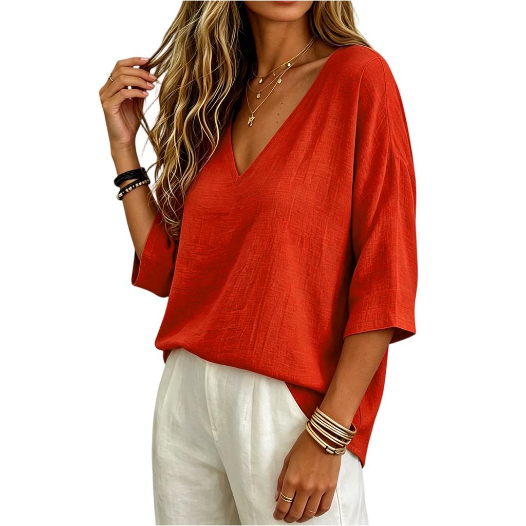Women Loose Fit V Neck Cotton Linen Top Three Quarter Sleeve Casual Solid Blouse Lightweight Breathable Shirt for Daily Wear