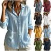 Damen Langarm Button-Down-Hemd Leinen Baumwolle Freizeit Reverskragen Tasche Leicht Schlanke Passform Oberteil