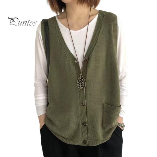 

Женский вязаный жилет с V-образным вырезом без рукавов, однобортный теплый жилет, однотонный свободный крой, трикотажные майки с карманами зелёный