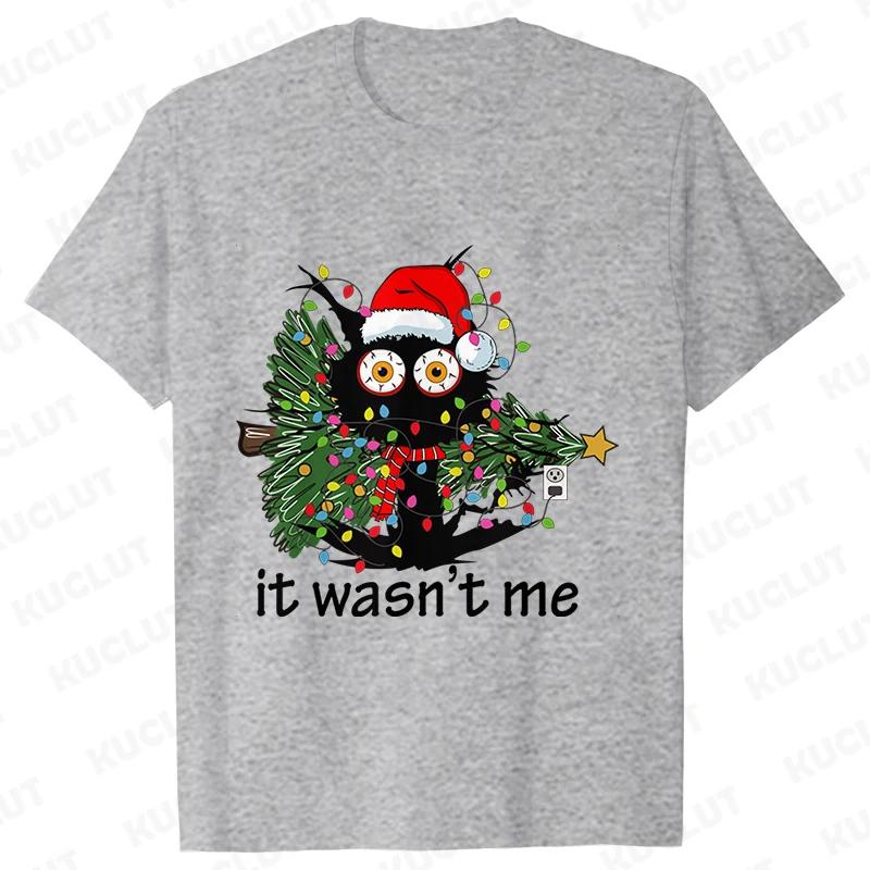It Wasn's Me Christmas Cat Women's Clothing Christmas Tree Casual Fashion Aesthetics Short Sleeve T-shirt Cartoon Women's T-shirt