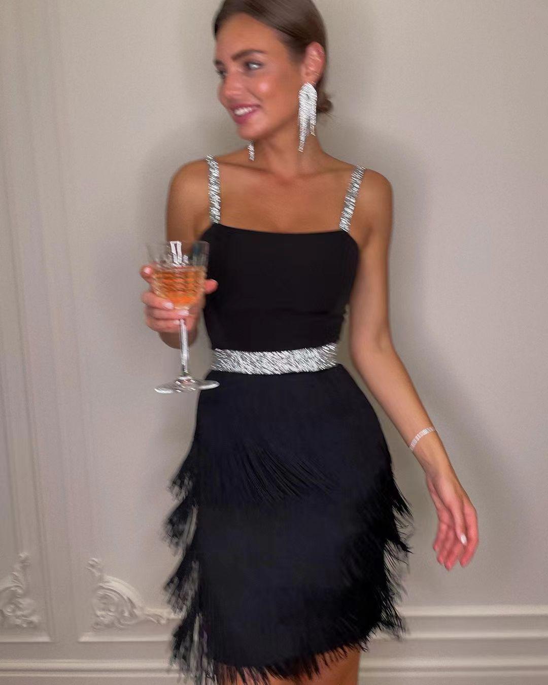 

European and American dating dinner celebrity style suspender fringed skirt S чёрный