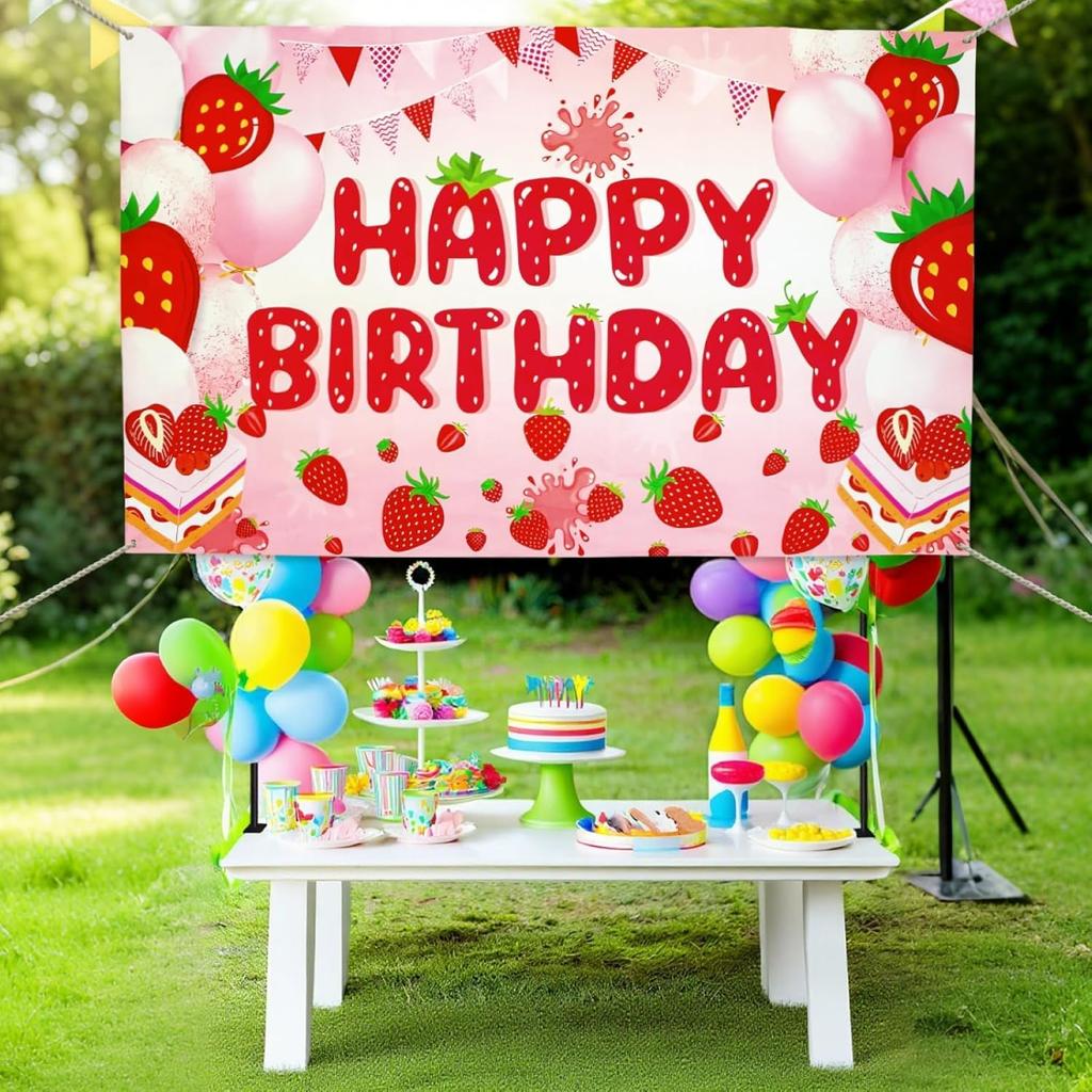 Strawberry Shortcake Happy Birthday Decorations Banner, Strawberry Themed Birthday Party Decoration Backdrop, Berry First Birthday Background Party