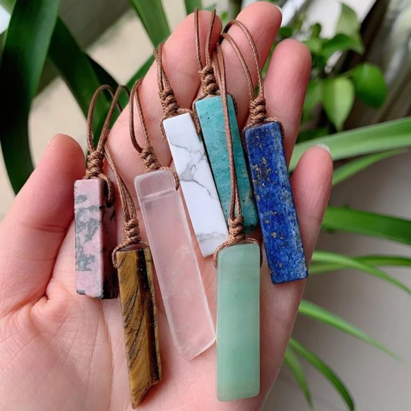 Natural Stone Pendant Raw Mineral Irregular Rectangle Quartz Pendulum Amazonite Tiger Eye Lapsi Pink Crystal Necklaces Healing