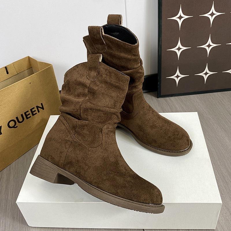 

Винтажные матовые ковбойские полусапожки 2025 новая осень полусапоги Мартин ботинки одинарные низкий каблук ботинки на меху женские 40 темно-коричневого