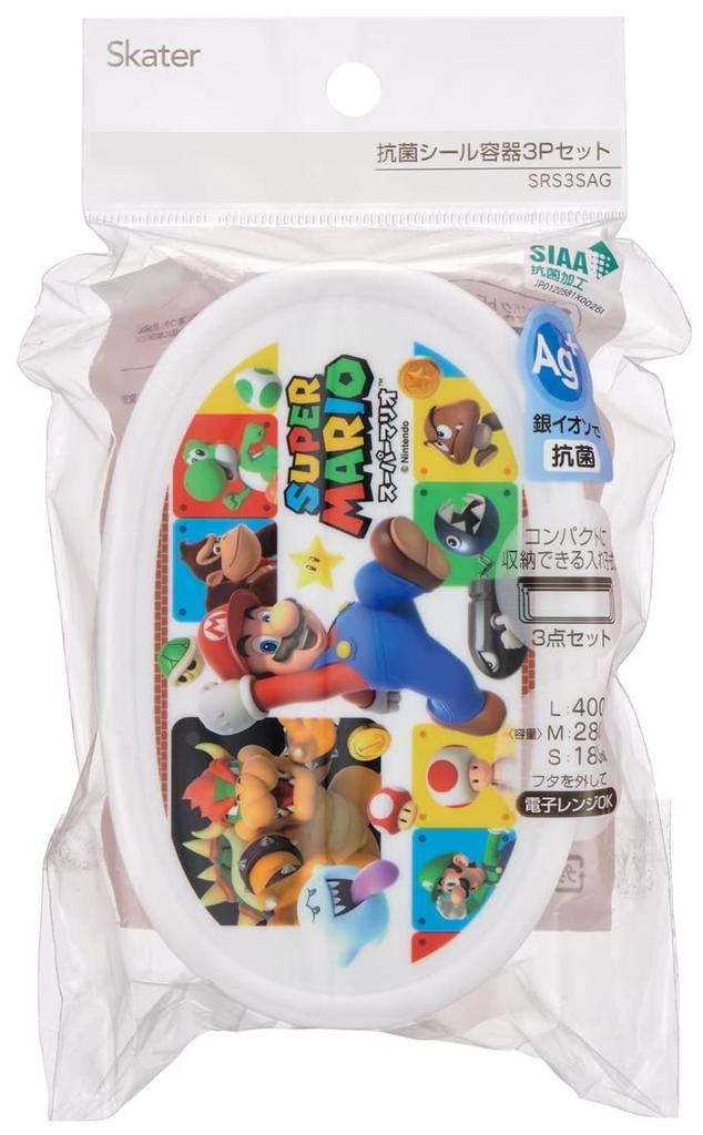 Skater Lunch Sealable Storage Made in Japan Medium Small Set of Super Mario SRS3SAG Boxes, Containers, (Large 400ml, 280ml, 180ml), 3, Ag+